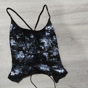 Cache Black and Silver Sequin Crop Top